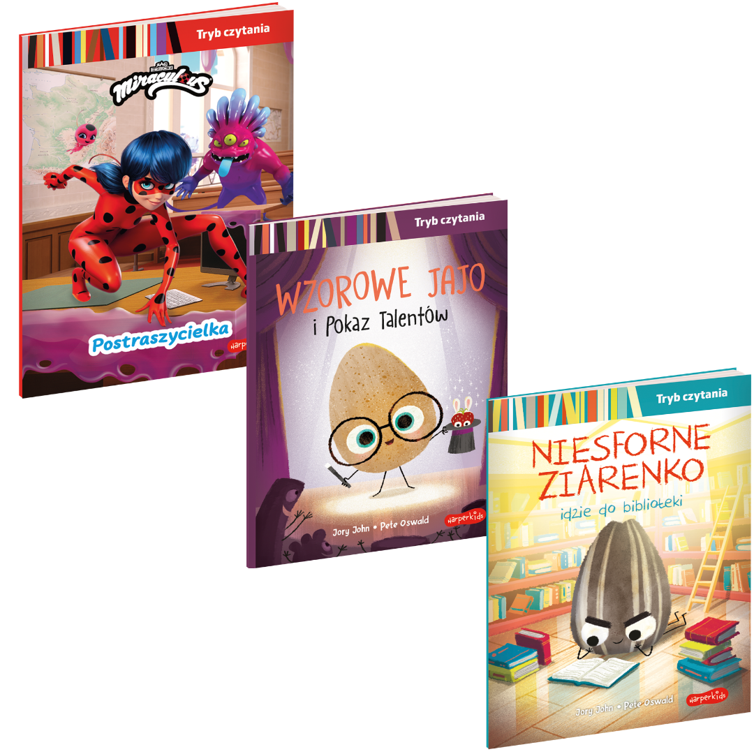 Trzy kolorowe książki dla dzieci z serii „Tryb czytania” wydawnictwa HarperKids, prezentowane na jednolitym tle. Zestaw zawiera tytuły: „Miraculum: Biedronka i Czarny Kot. Postraszycielka” z grafiką superbohaterki, „Wzorowe Jajo i Pokaz Talentów” przedstawiającą jajo w okularach na scenie oraz „Niesforne Ziarenko idzie do biblioteki” z ziarenkiem słonecznika czytającym książki. Książki mają na górnym marginesie oznaczenie „Tryb czytania” oraz barwne, pionowe paski. Grafika może zawierać tekst promocyjny „Włącz tryb czytania!” w języku polskim oraz logo HarperKids.